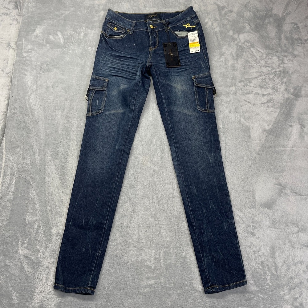 NWT Rocawear Deadstock Cargo Jeans Womens 7 (29x34) Blue Denim Grunge Skinny Leg